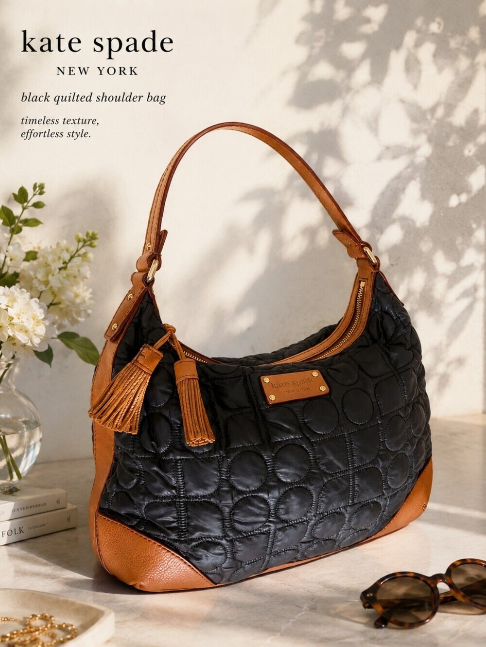 kate spade Black Quilted Shoulder Bag with Tan Leather Trim and Tassels